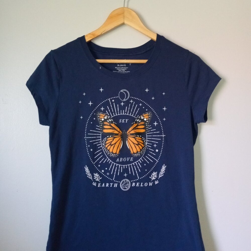 Wound Up Brand Blue Butterfly Print Short Sleeve